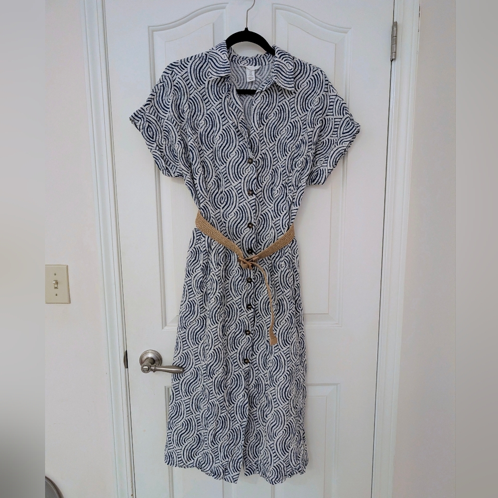 H&M Blue And White Patterned Belted Shirt Dress Size Medium - Picture 2 of 5
